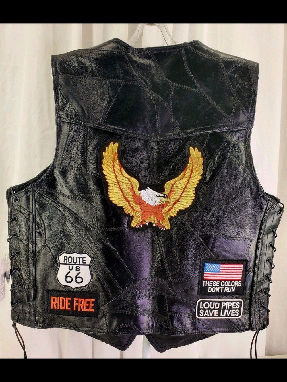 Diamond Plate Buffalo Black Leather Biker Vest with Side Lacing & Eagle Patch.